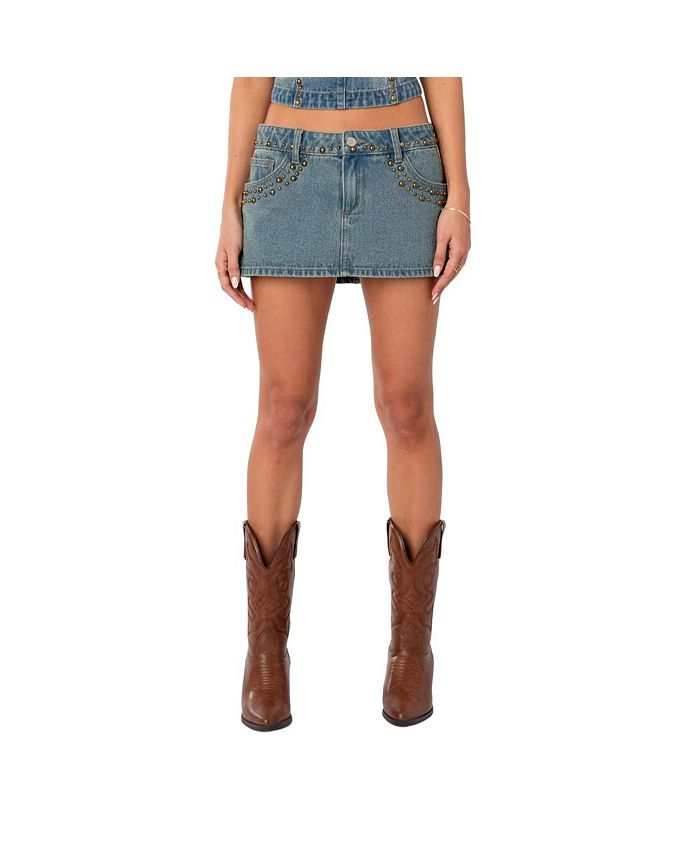 Edikted Women's Studded Low Rise Washed Mini Denim Skirt Macy's