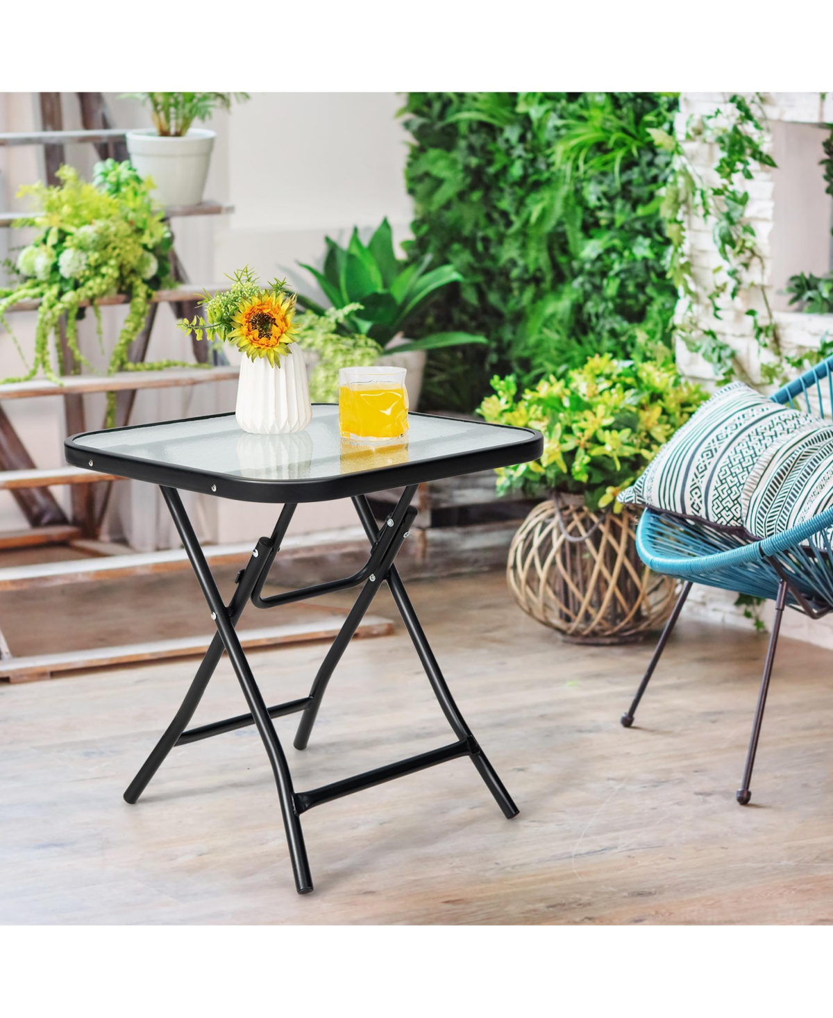 Costway Patio Folding Square Glass Side Table Bistro Coffee Table Plant Stand