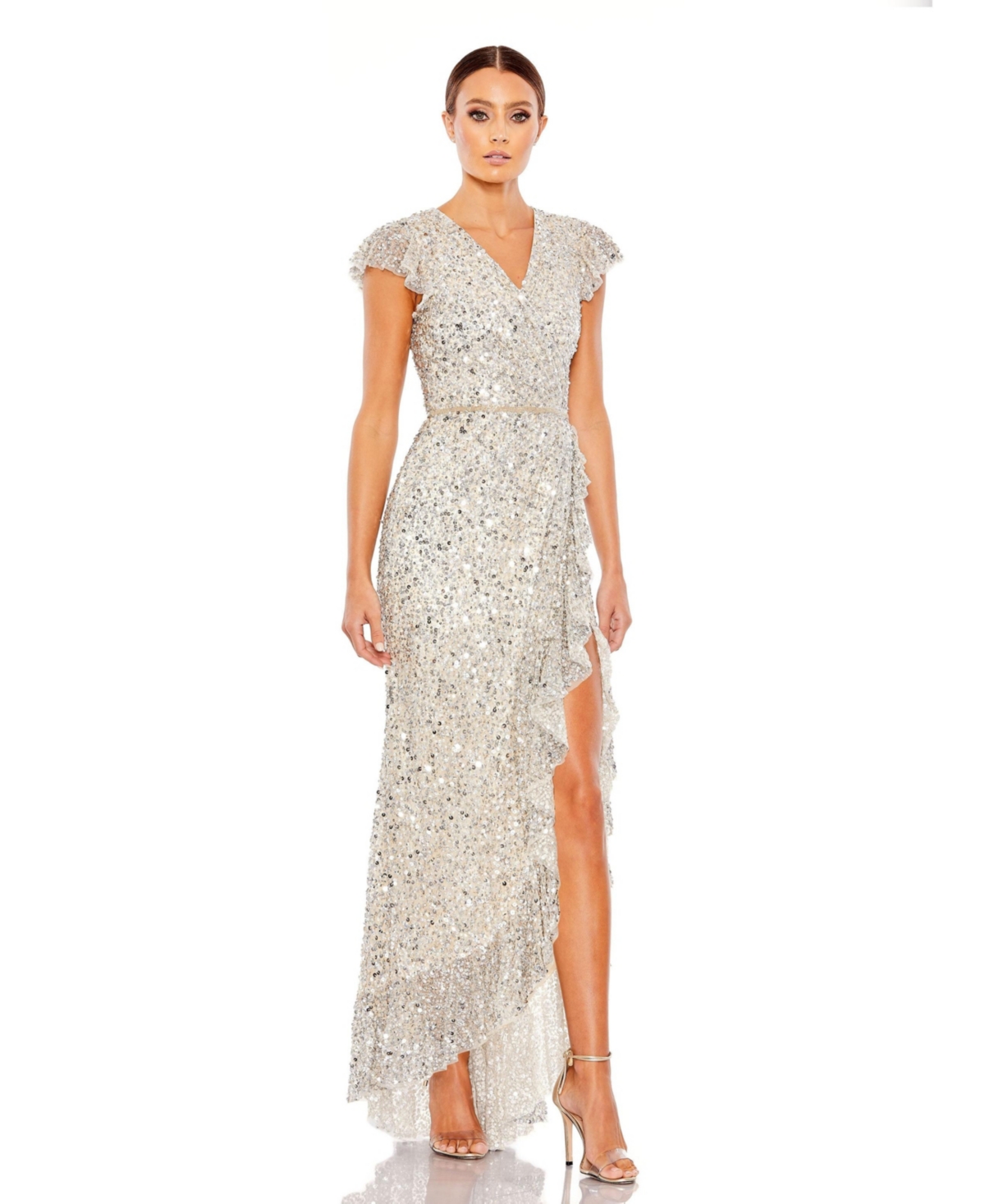 Mac Duggal Women's Sequined Faux Wrap Ruffle Cap Sleeve Gown In Silver ...