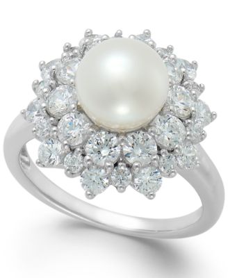 Arabella - Cultured Freshwater Pearl (8mm) and Swarovski Zirconia Ring in Sterling Silver