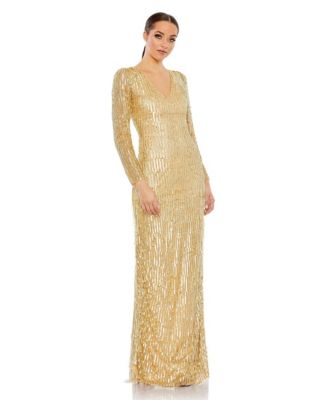 Mac Duggal Women s Sequined Long Sleeve V Neck Beaded Fringe Gown Macy s