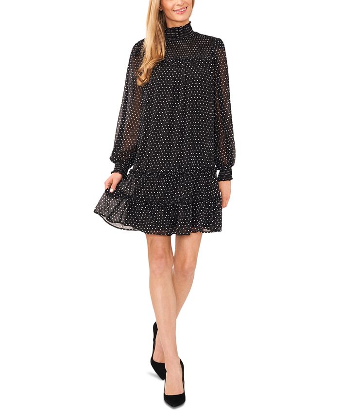 CeCe Women s Long Sleeve Smocked Neck Polka Dot Dress Macy s