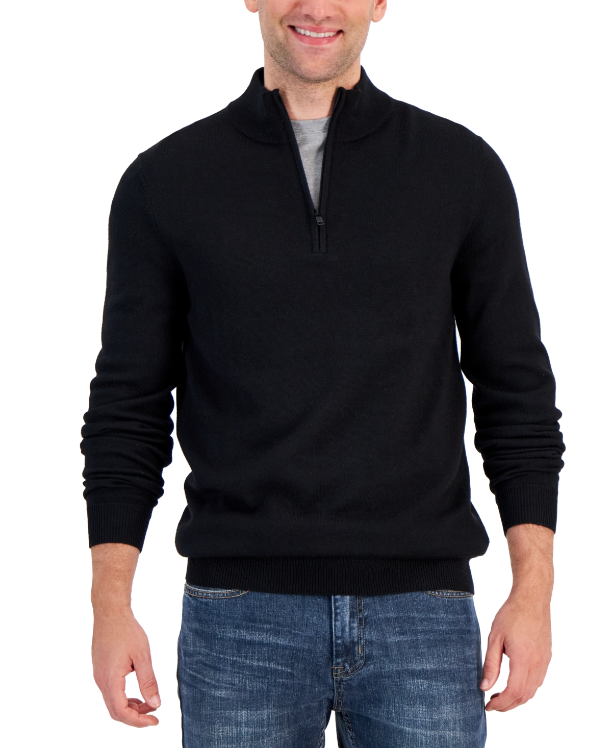 Alfani Men's Long-sleeve Half-zip Merino Sweater, Created For Macy's In Deep Black
