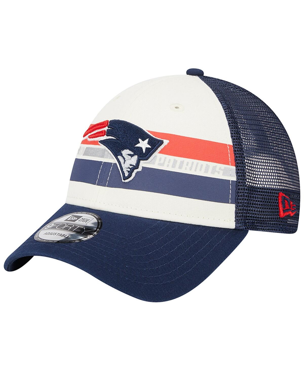 Shop New Era Men's  Cream, Navy New England Patriots Team Stripe Trucker 9forty Snapback Hat In Cream,navy