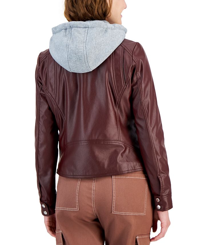 Jou Jou Juniors Faux Leather Hoodie Moto Jacket Brown Size Medium