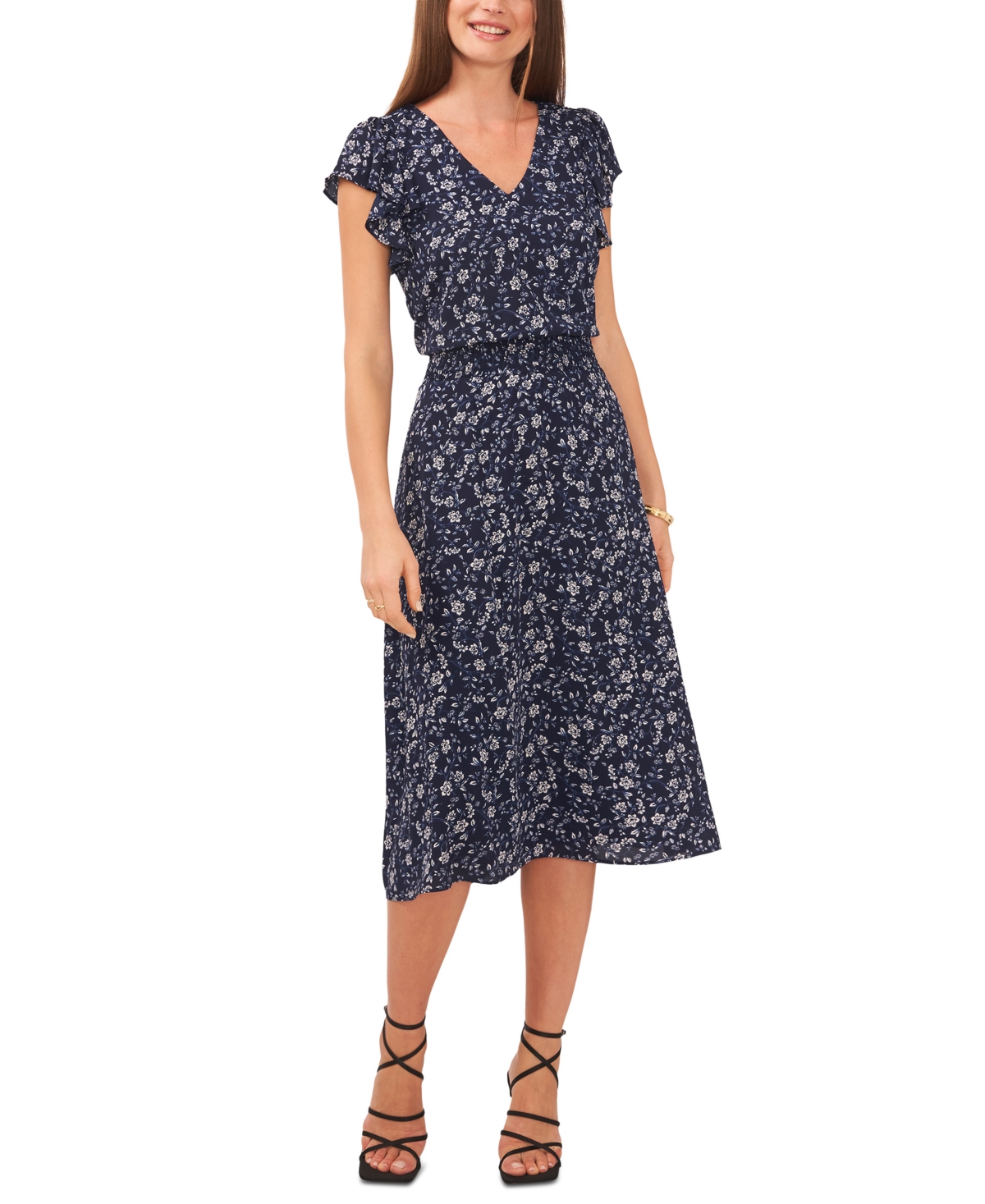 Vince Camuto Floral Flutter Cap Sleeve Dress In Classic Na | ModeSens