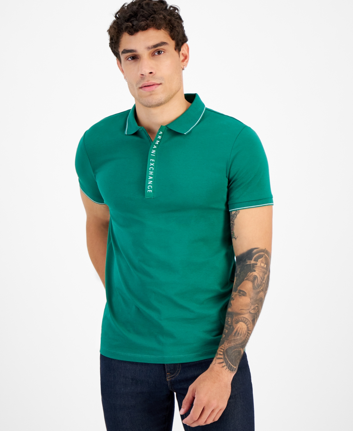 Ax Armani Exchange Men's Zip Logo Placket Polo Shirt In Verdant Green