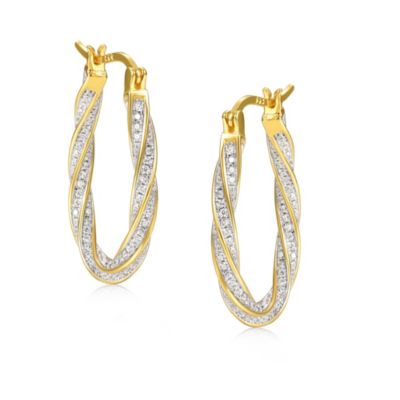 14k Gold Plated with Cubic Zirconia Oval Oblong Twist Hoop Earrings in Sterling Silver