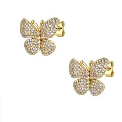 14k Gold Plated with Cubic Zirconia French Pave Butterfly Stud Earrings