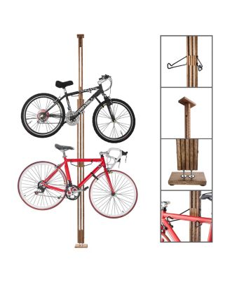 Bike Rack - Adjustable Wood Hanger for Storing or Displaying Bicycles - Floor to Ceiling Tension Mount Extends from 7 to 10-Feet by (Brown)