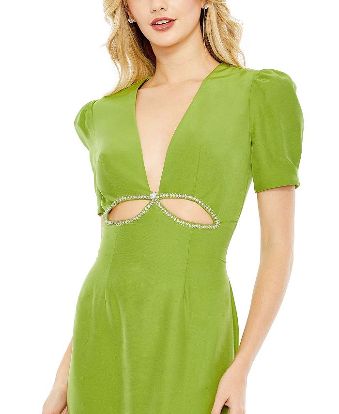 Mac Duggal Women's Ieena Plunge Neck Puff Sleeve Cut Out Gown - Macy's
