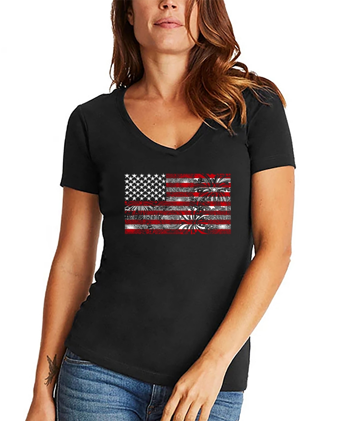 La Pop Art Women's Fireworks American Flag V-neck T-shirt In Black