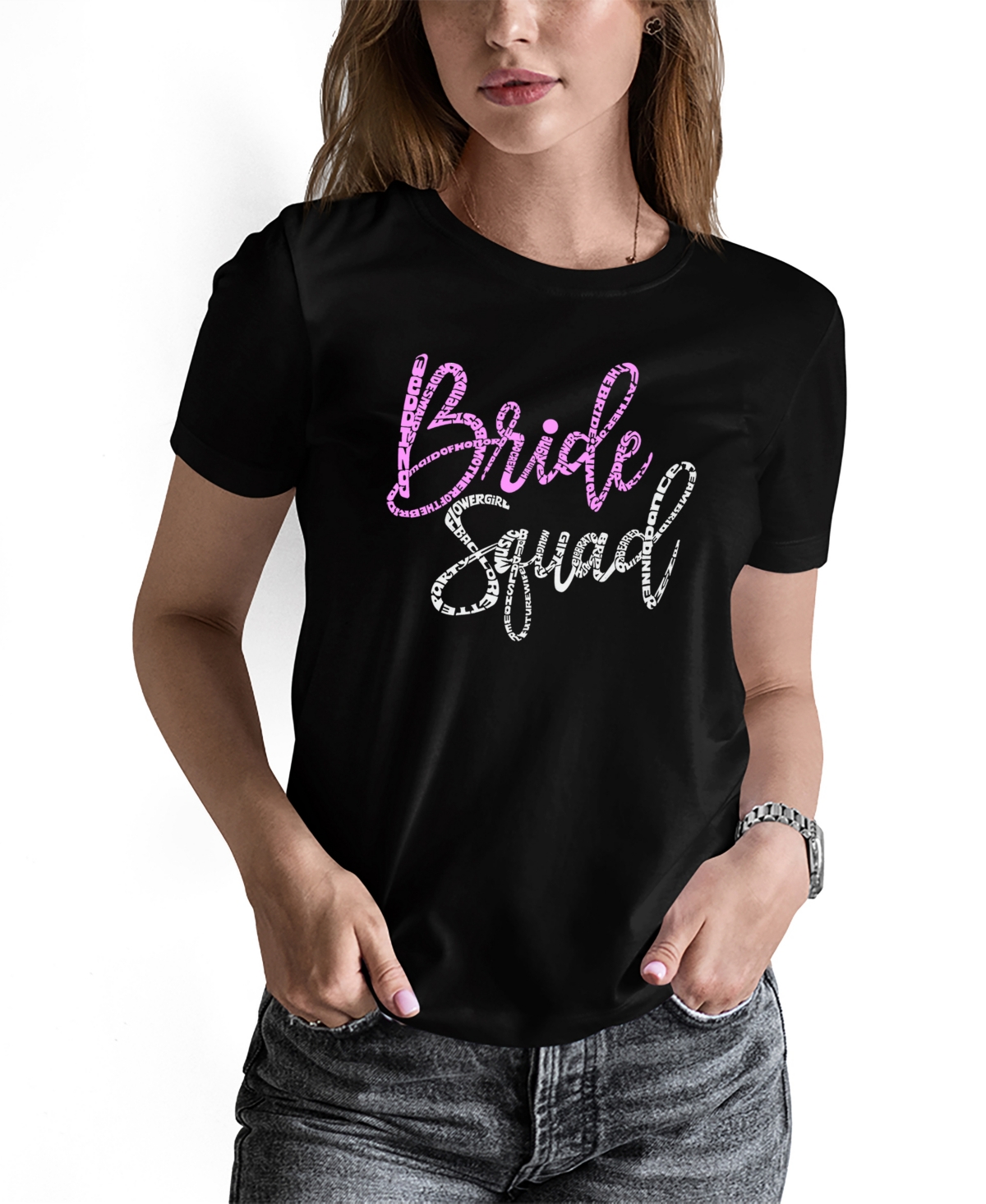 La Pop Art Women's Bride Squad Word Art Short Sleeve T-shirt In Black