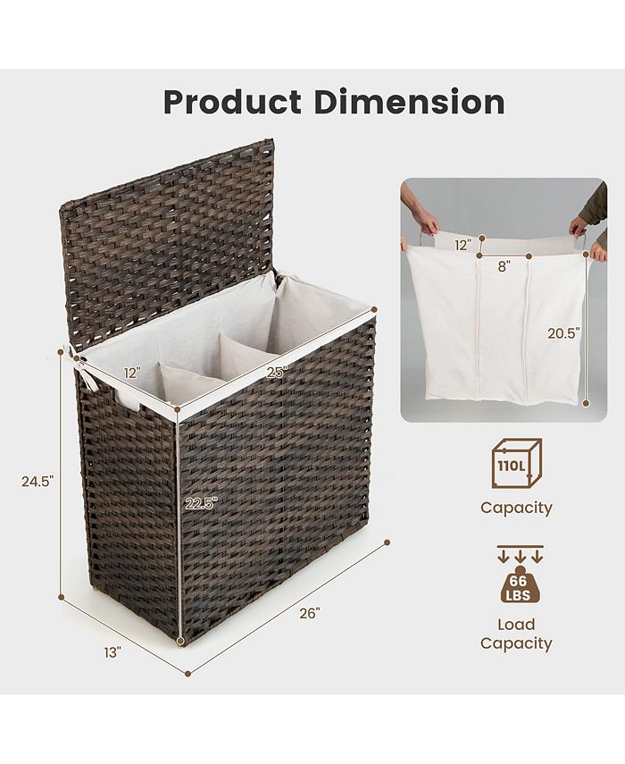 Costway 110L 3Section Laundry Hamper w/Lid&Handle PE Rattan Clothes