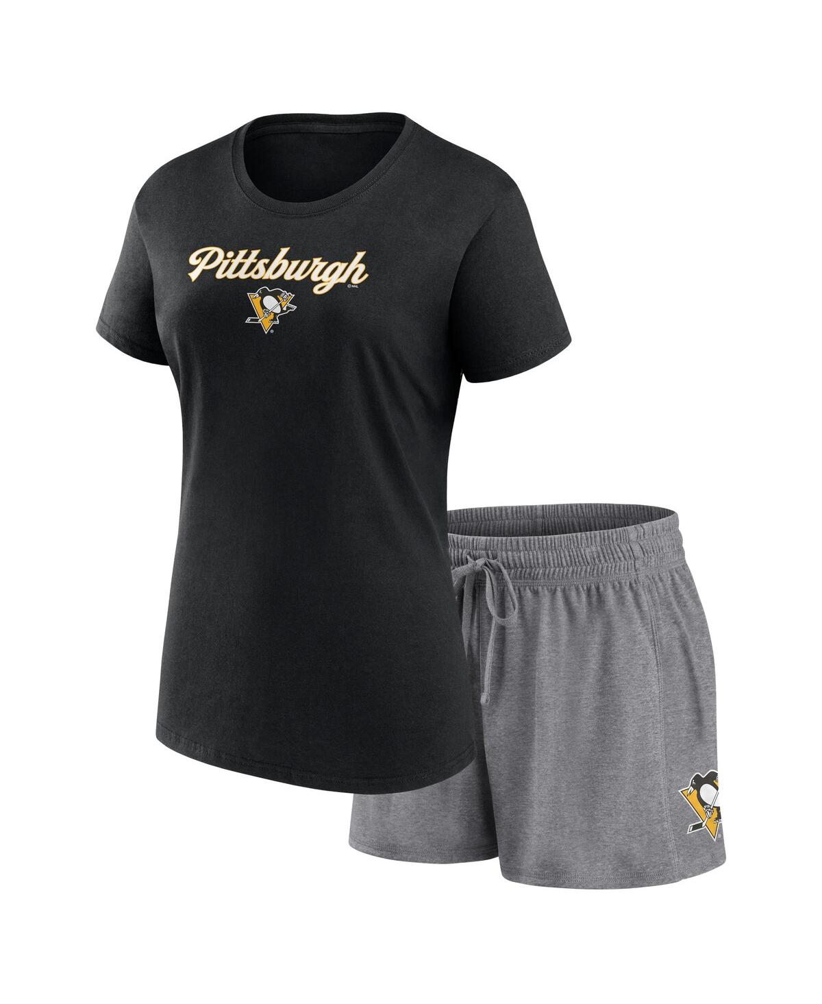 Fanatics Women's  Black, Gray Pittsburgh Penguins Script T-shirt And Shorts Set In Black,gray