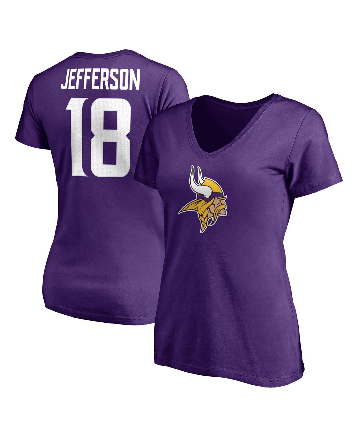 Shop Fanatics Women's  Justin Jefferson Purple Minnesota Vikings Player Icon Name And Number V-neck T-shir