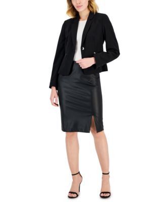 Womens Long Sleeve Zip Pocket Blazer Faux Leather Slit Front Pencil Skirt