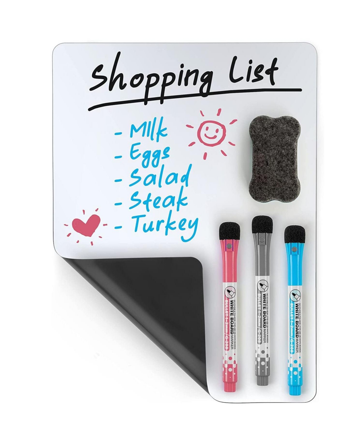 Mini Magnetic Whiteboard Sheet with 3 Colored Markers and Eraser - White