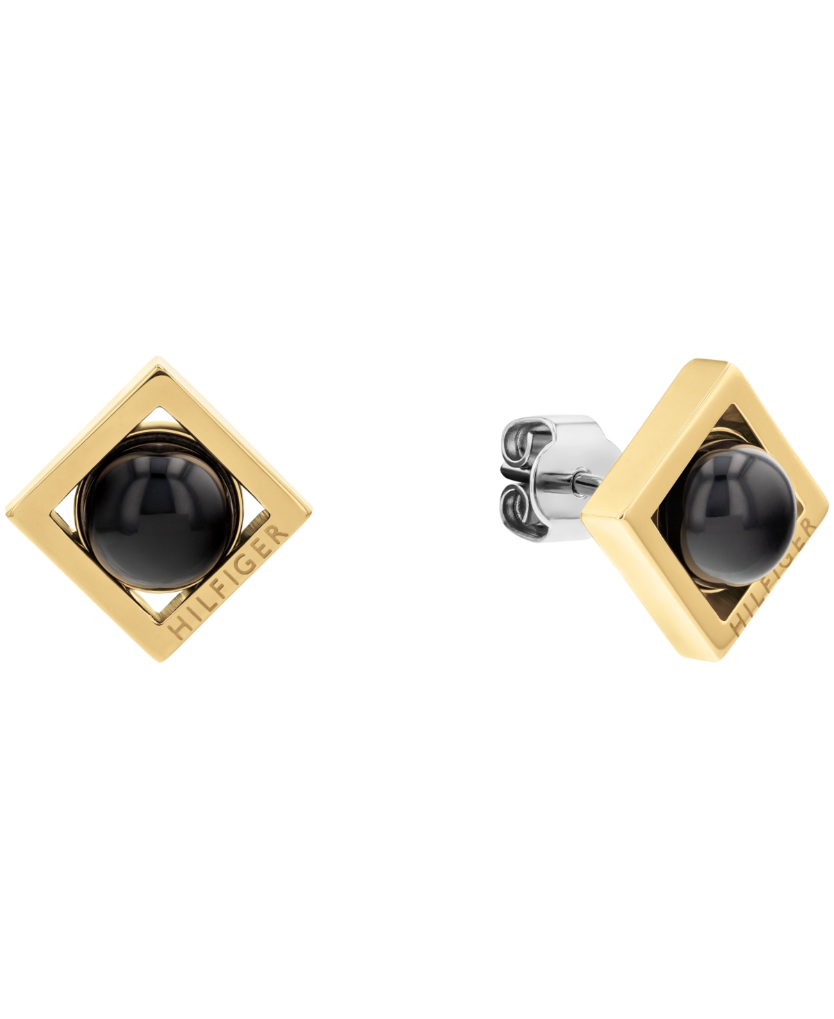 Tommy Hilfiger Women's Onyx Circle Gold-tone Stainless Steel Earring