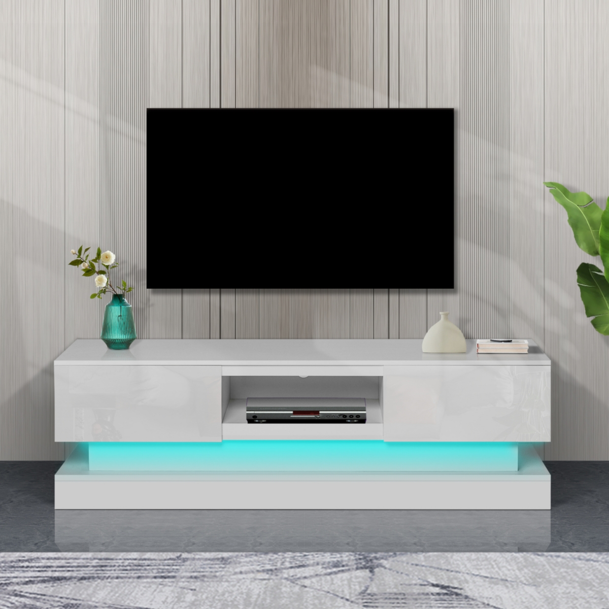 Streamdale Furniture 51.1" Modern Tv Stand With Led Lights, High Glossy Front Tv Cabinet