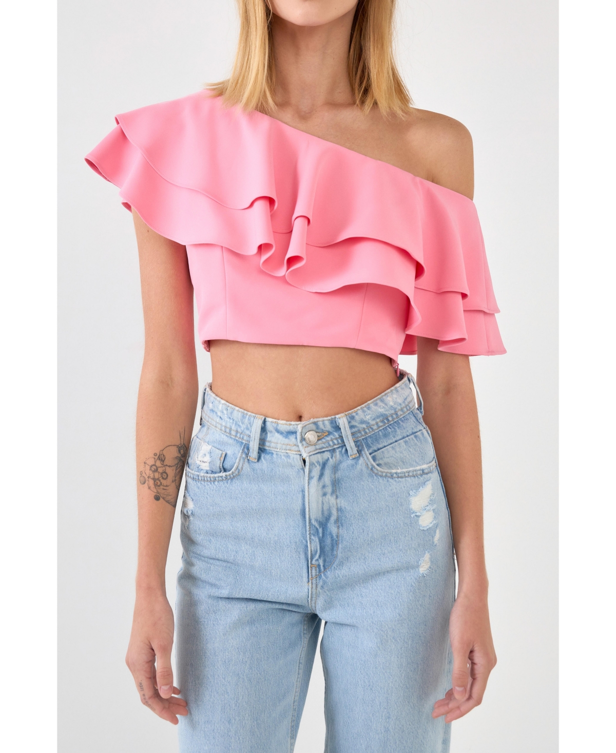 Endless Rose Ruffled One Shoulder Top In Pink