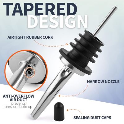 Stainless Steel Liquor Bottle Pourers with Rubber Dust Caps - 12 Pack