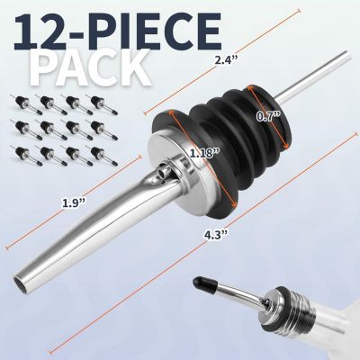 Stainless Steel Liquor Bottle Pourers with Rubber Dust Caps - 12 Pack