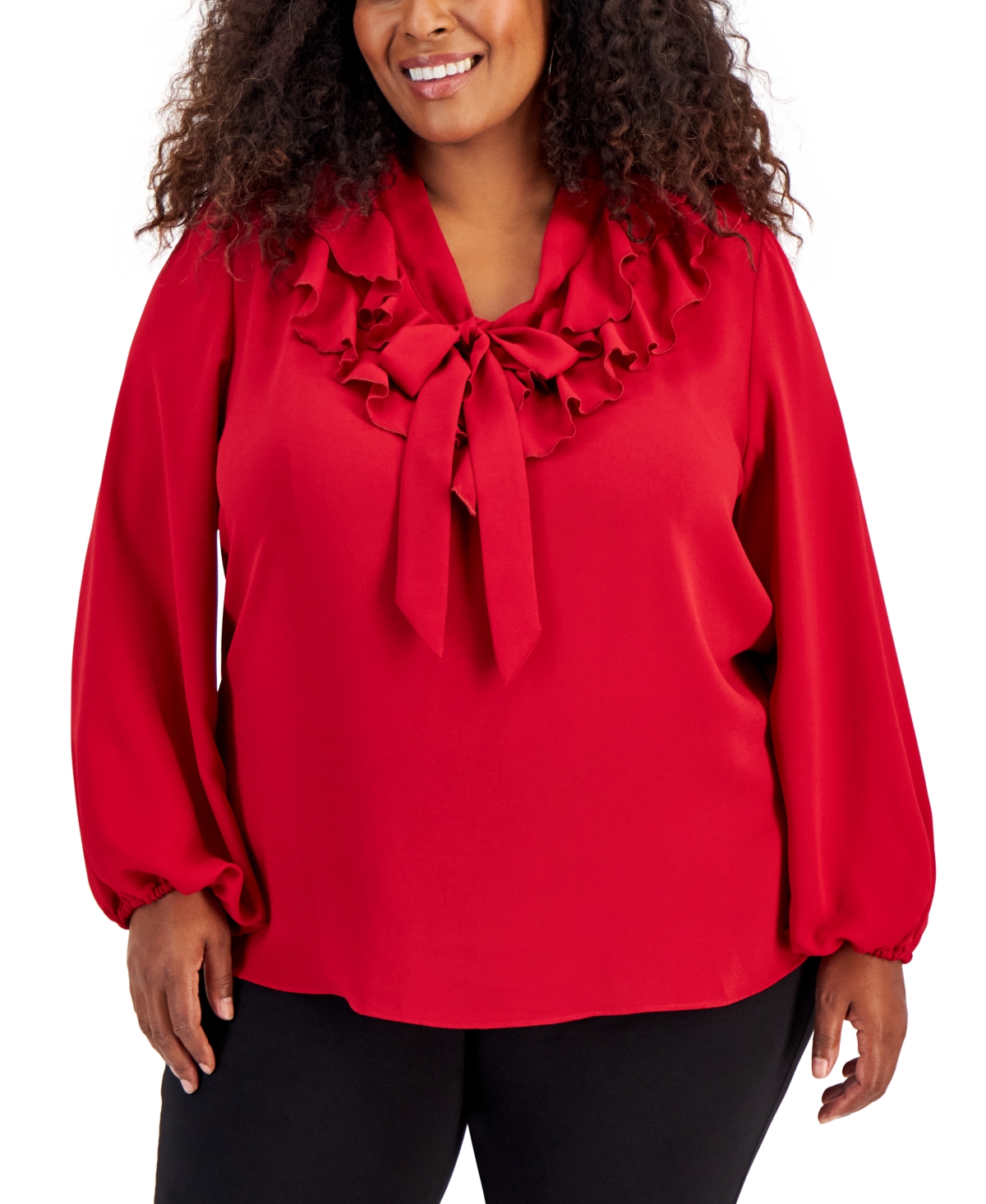 Plus Size Tie-Front Ruffle-Trim Blouse - Fire Red