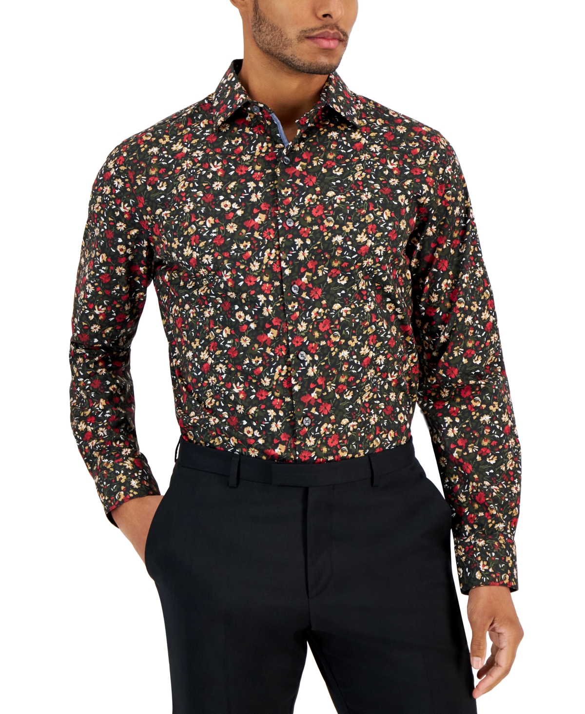 Bar Iii Men's Slim-fit Floral Dress Shirt, Created For Macy's In Black Red