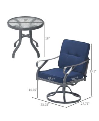 3 Piece Patio Bistro Set, Outdoor Conversation Furniture, 2 Swivel Rocking Chairs, 1 Round Tempered Glass Coffee Table, Soft Removable Cushions for Lawn, Porch, Garden, Blue
