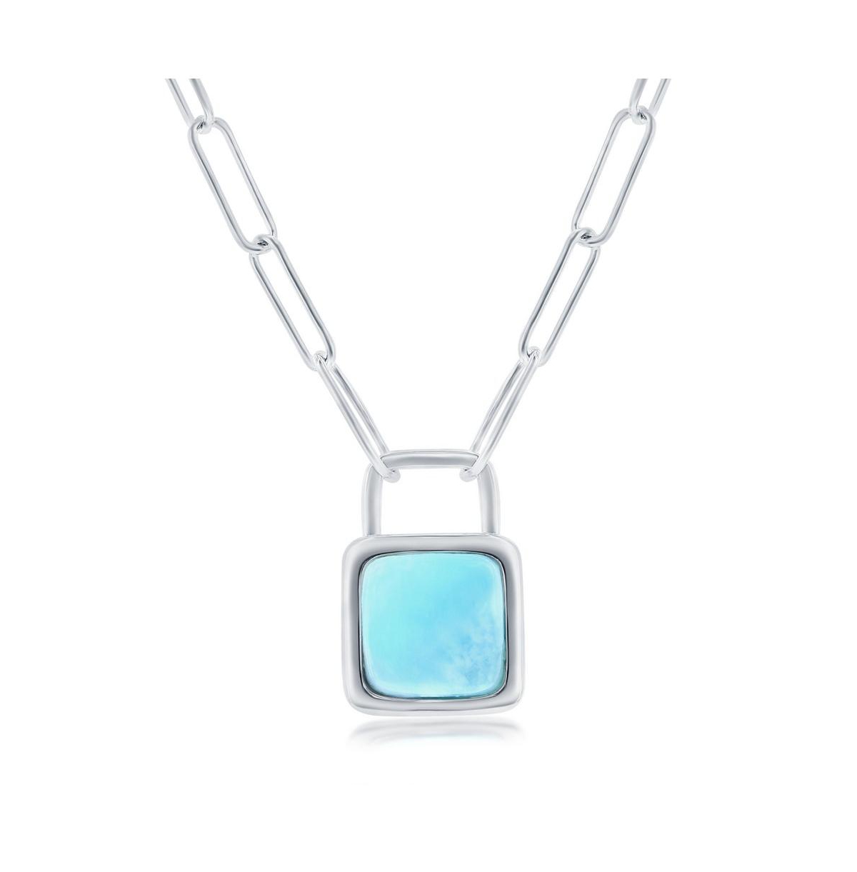 Sterling Silver Larimar Lock Paperclip Necklace - Blue