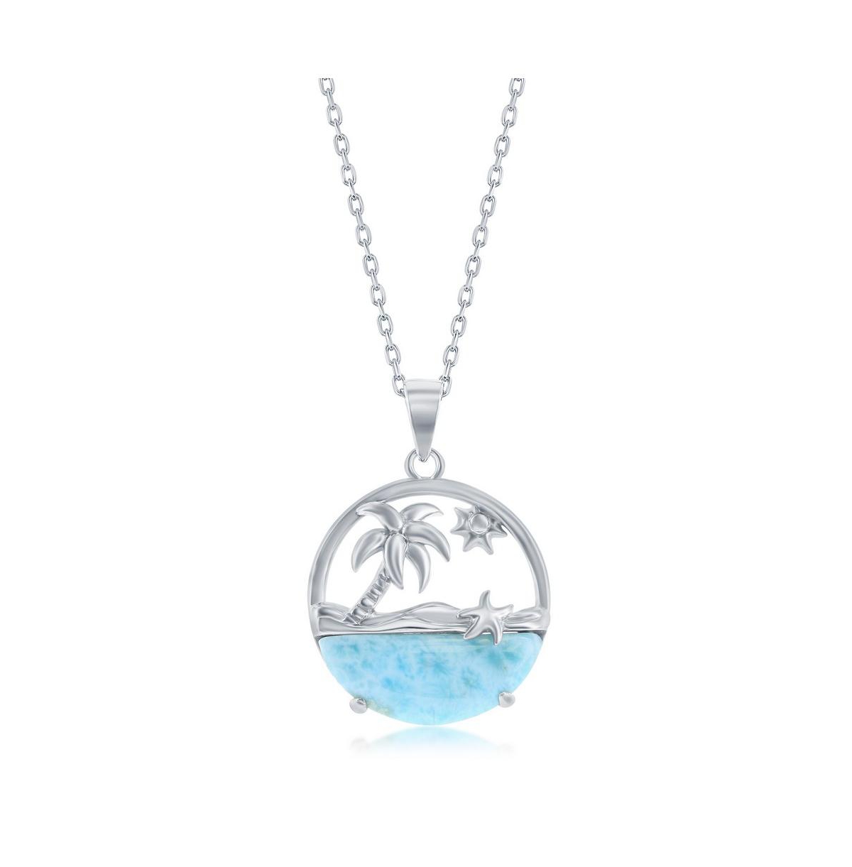 Sterling Silver Palm Tree, Sun, Starfish, Larimar Necklace - Blue