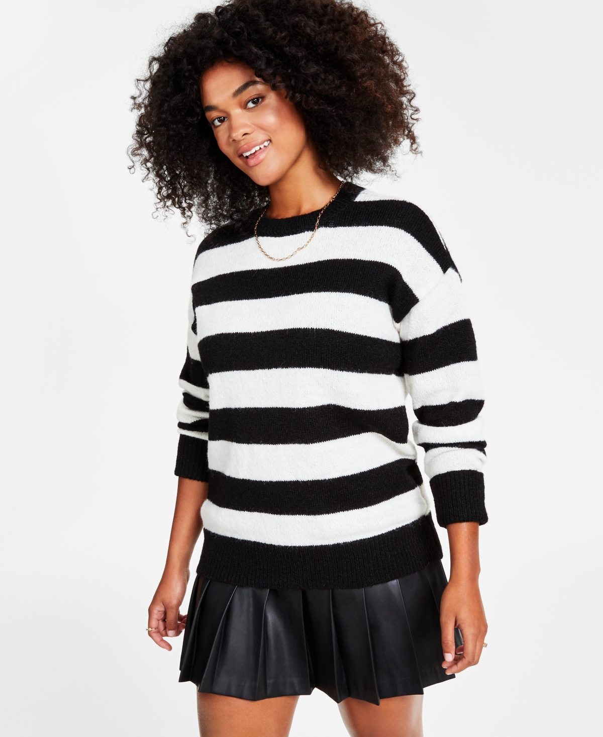 Shop Bar Iii Petite Fuzzy Striped Crewneck Drop-shoulder Sweater, Created For Macy's In Black,white Stripe