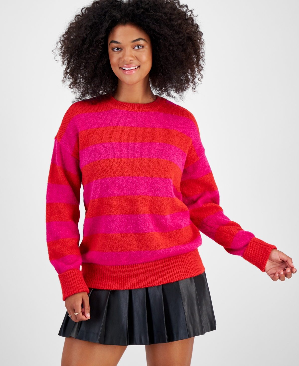 Shop Bar Iii Petite Fuzzy Striped Crewneck Drop-shoulder Sweater, Created For Macy's In Red,pink Stripe