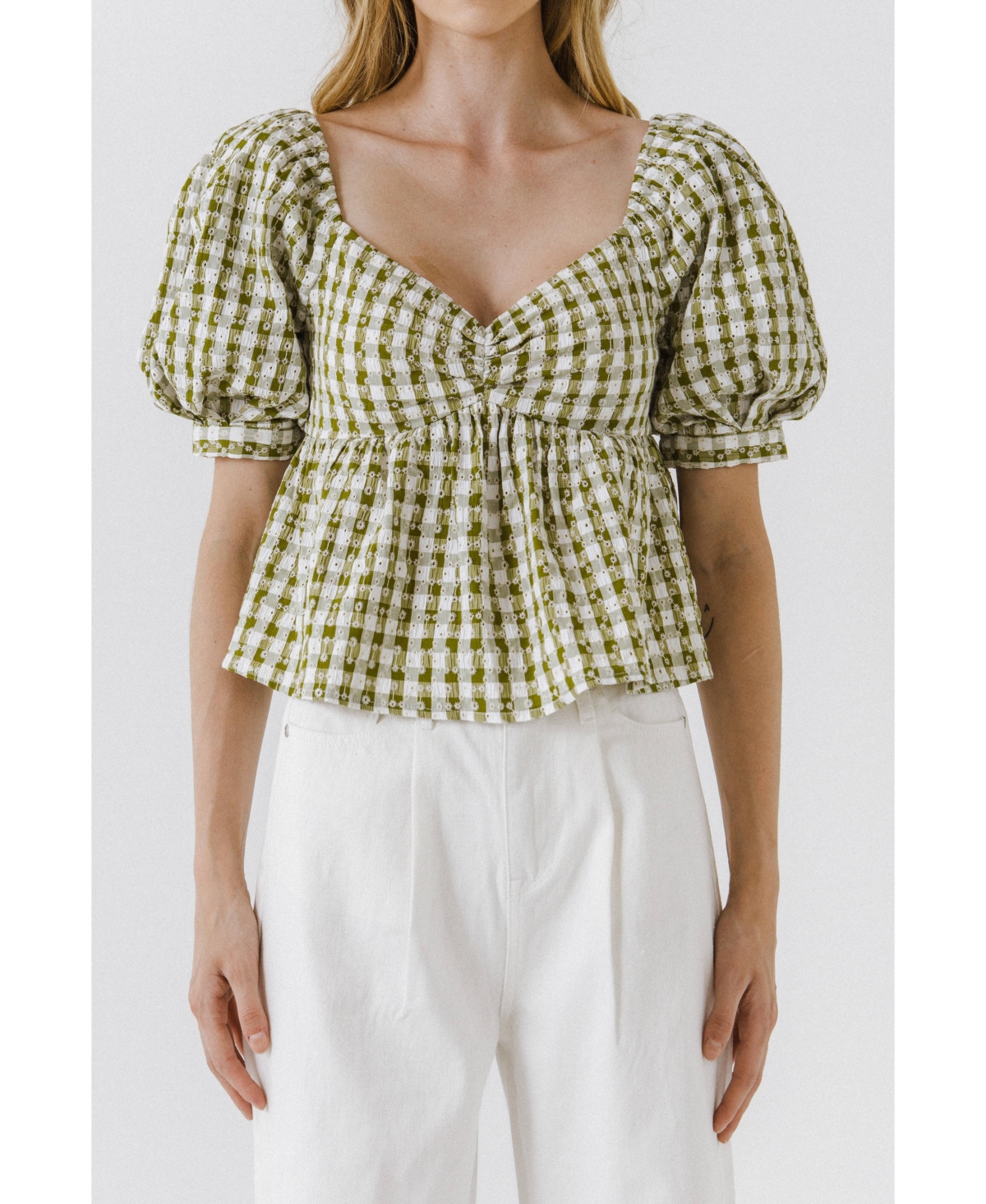 Women's Gingham Check Top with Embroidery - Olive