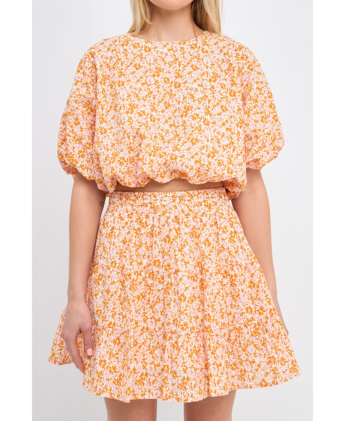 Women's Crinkled Floral Linen Blouson Top - Orange