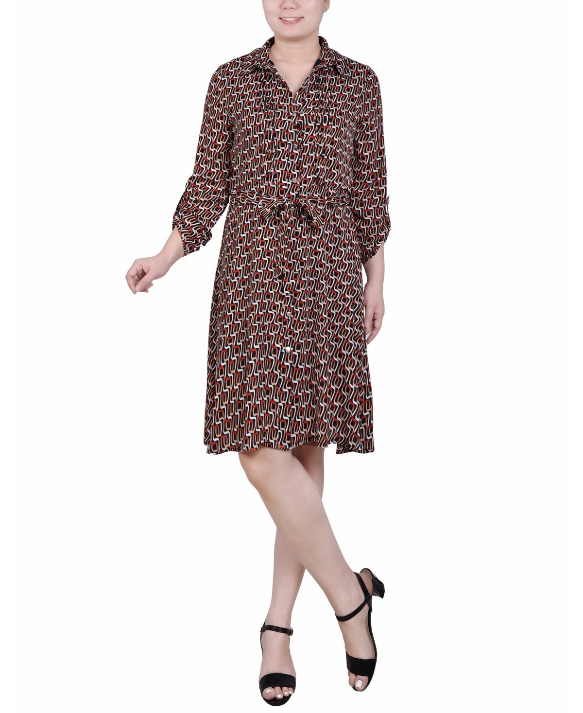 Ny Collection Petite Geometric Printed Roll Tab Sleeve Dobby Shirt Dress In Black Red Scarlet Waves