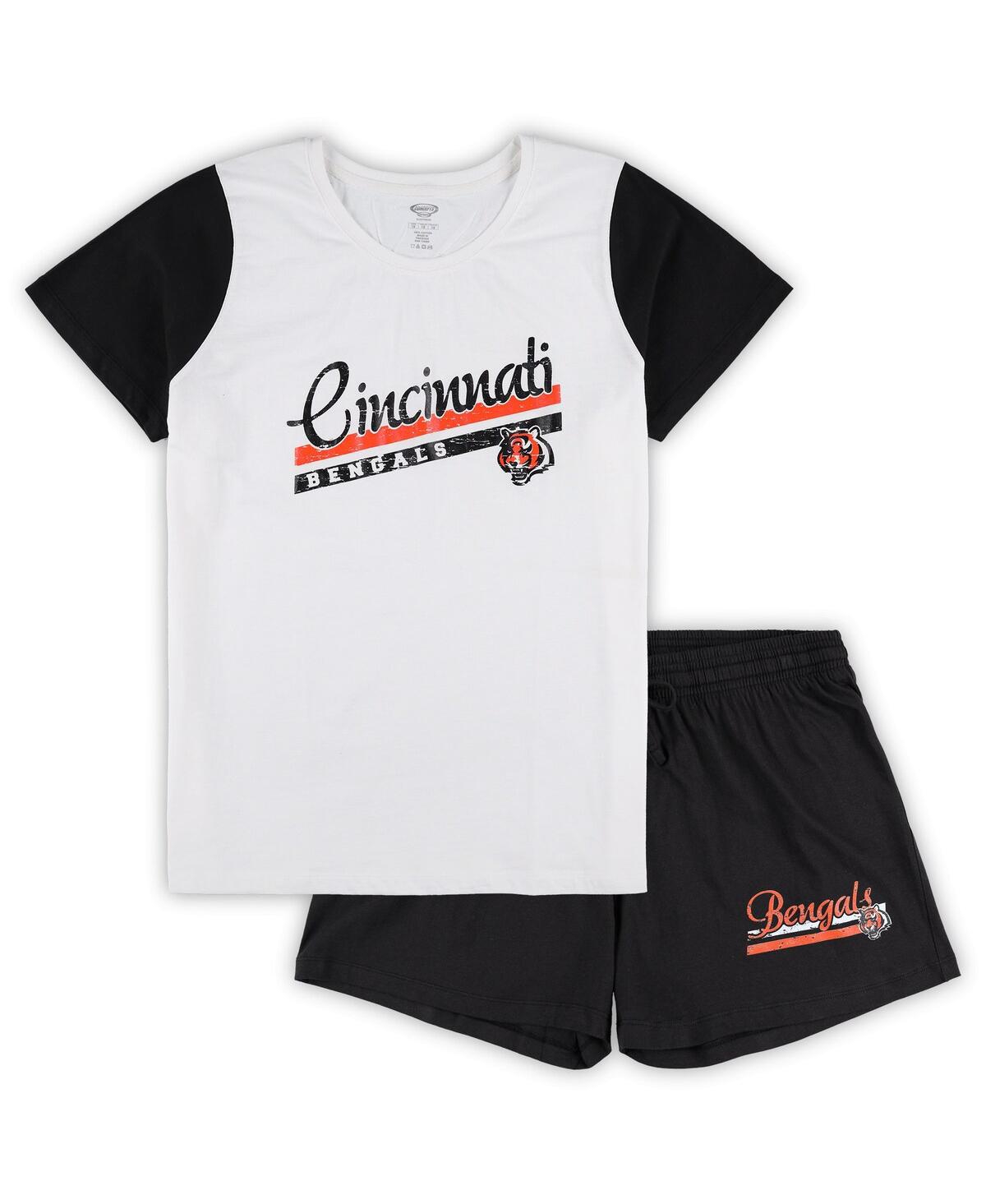 Women's Concepts Sport White/Black Cincinnati Bengals Plus Size Downfield T-Shirt & Shorts Sleep Set Size:3XL