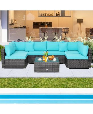 7PCS Patio Rattan Furniture Set Sectional Sofa Cushioned Garden