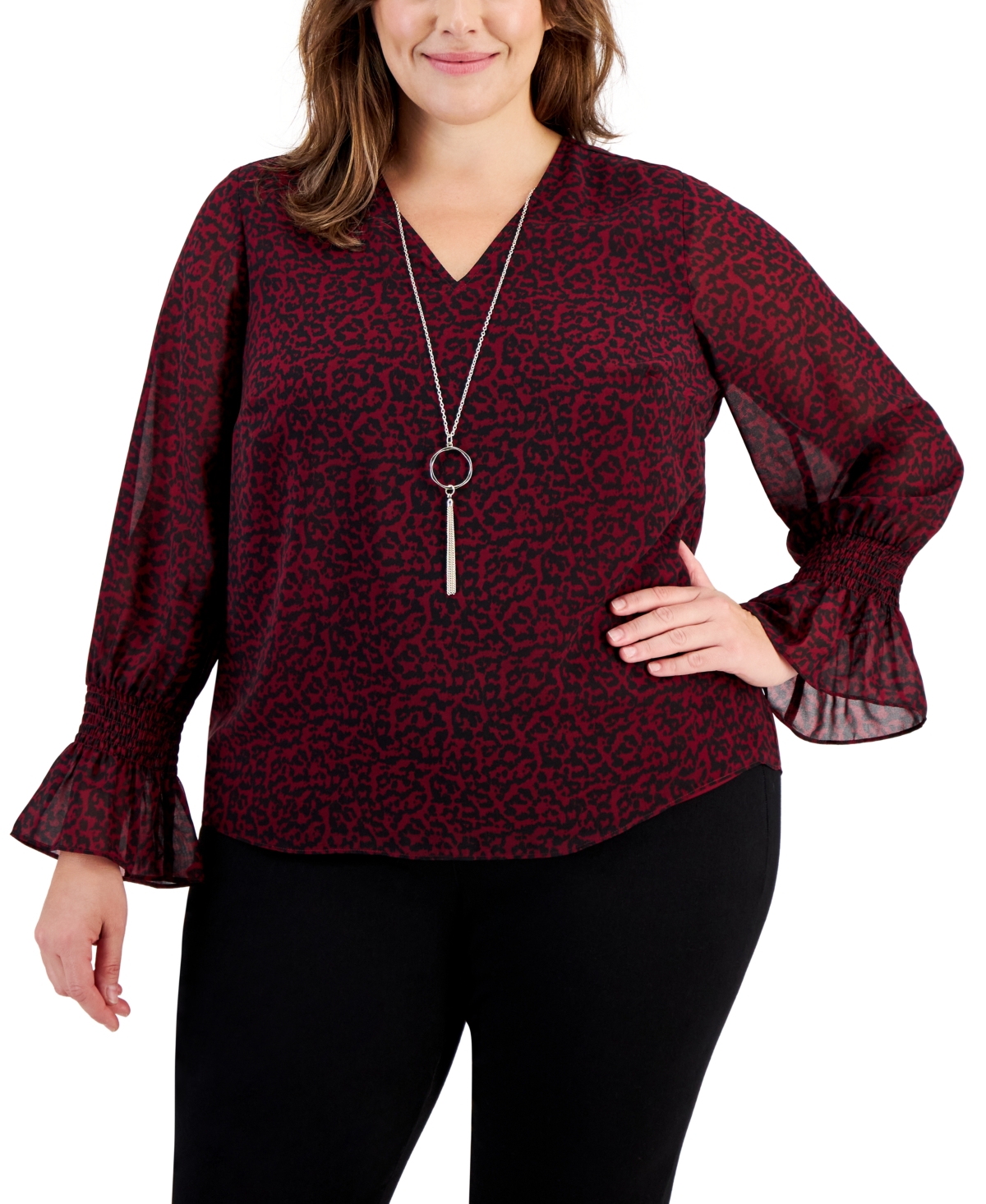 Jm Collection Plus Size Printed Smocked-sleeve Necklace Top, Created For Macy's In Cherry Pie Combo