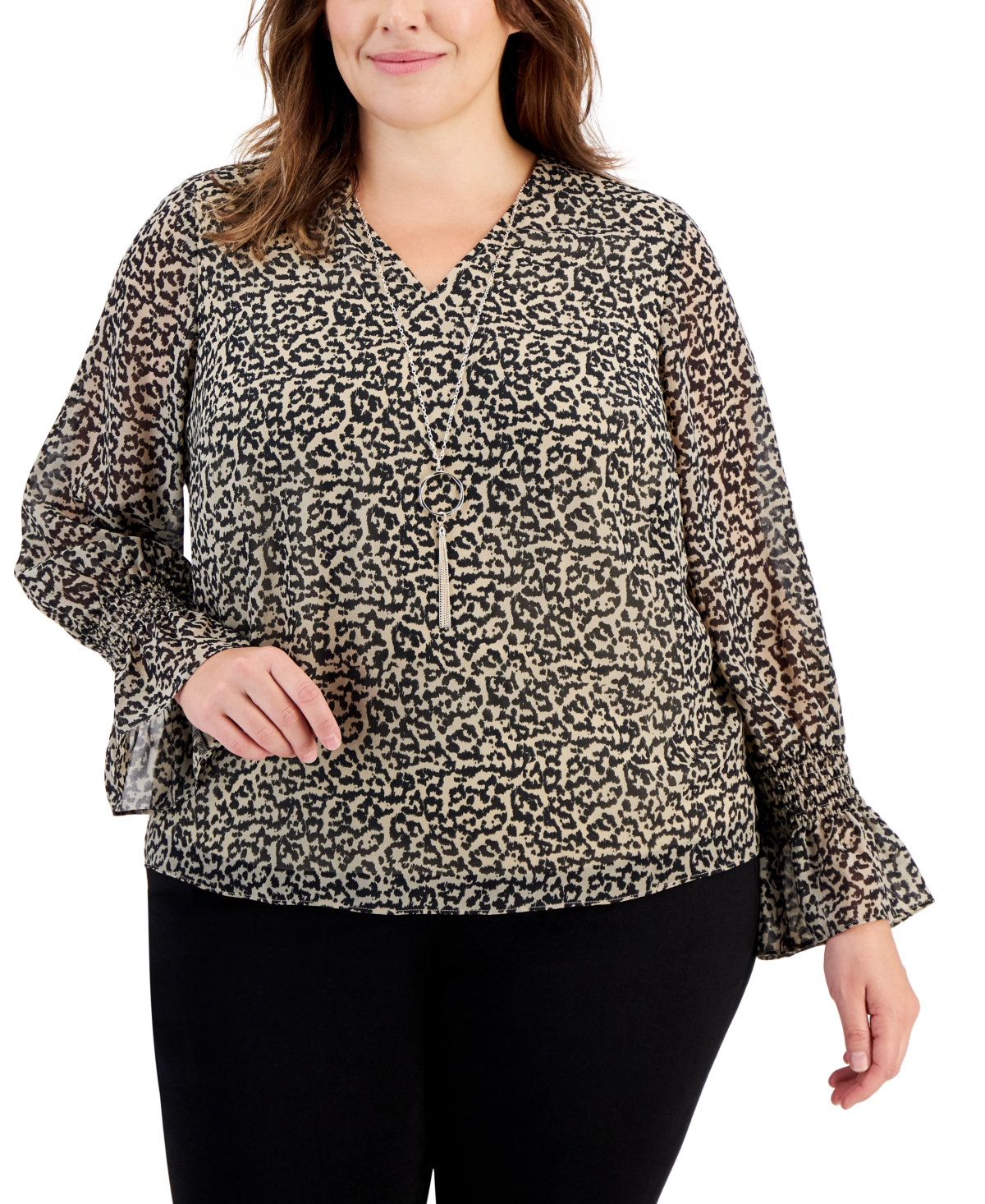 Jm Collection Plus Size Printed Smocked-sleeve Necklace Top, Created For Macy's In Stone Combo