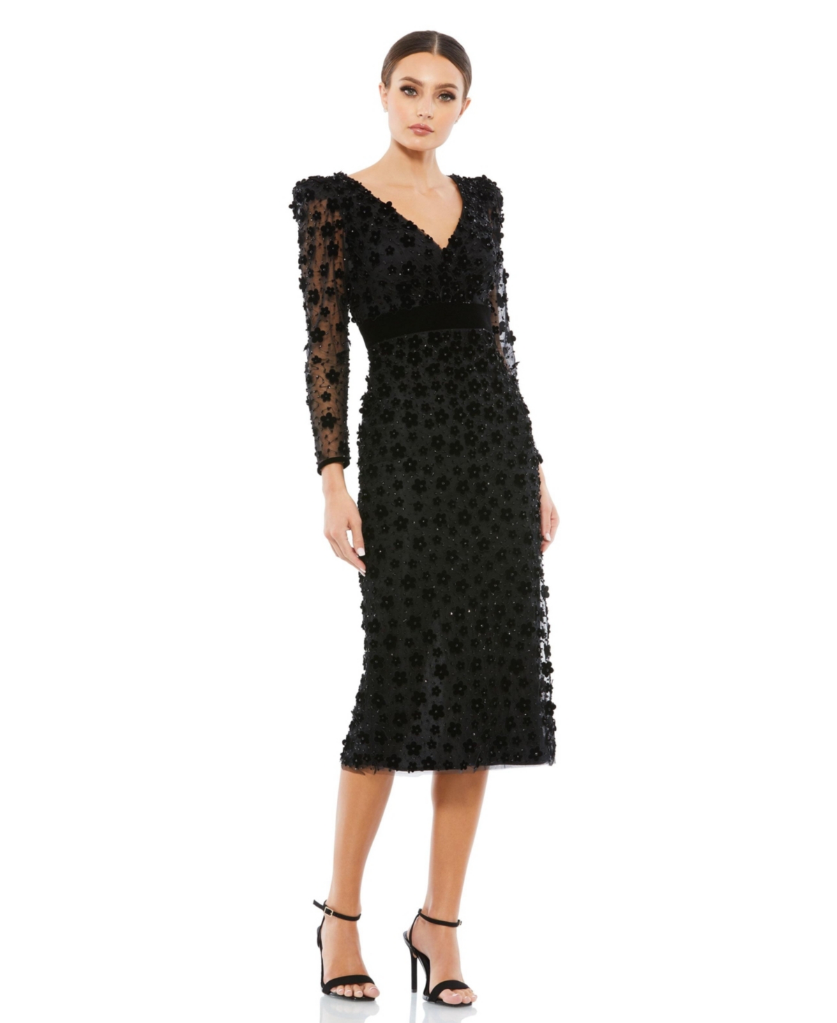 Mac Duggal Embellished V-neck Illusion Column Midi Dress In Black