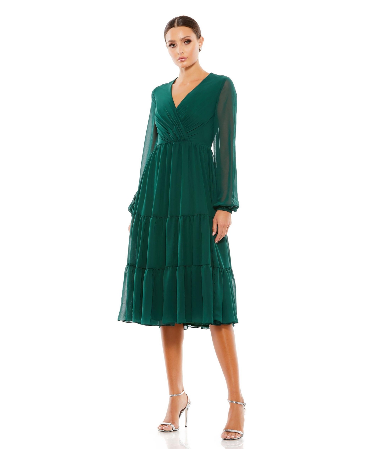 Mac Duggal Illusion Sleeve Ruched V Neck Tiered Midi Dress In Emerald