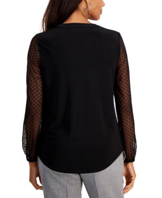 Kasper Women's Sheer-Sleeve Split-Neck Knit Top - Macy's