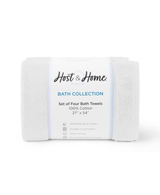 Host & Home Bath Towels, 4-Pack, 27x54, 600 GSM, Ringspun Cotton, Solid Colors, Double-Stitched, Striped Dobby Border