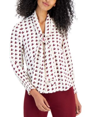Anne Klein - Women's Printed Tie-Neck Smocked-Cuff Blouse