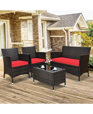 4PCS Patio Furniture Set Rattan Conversation Set W/ Tempered Glass Coffee Table