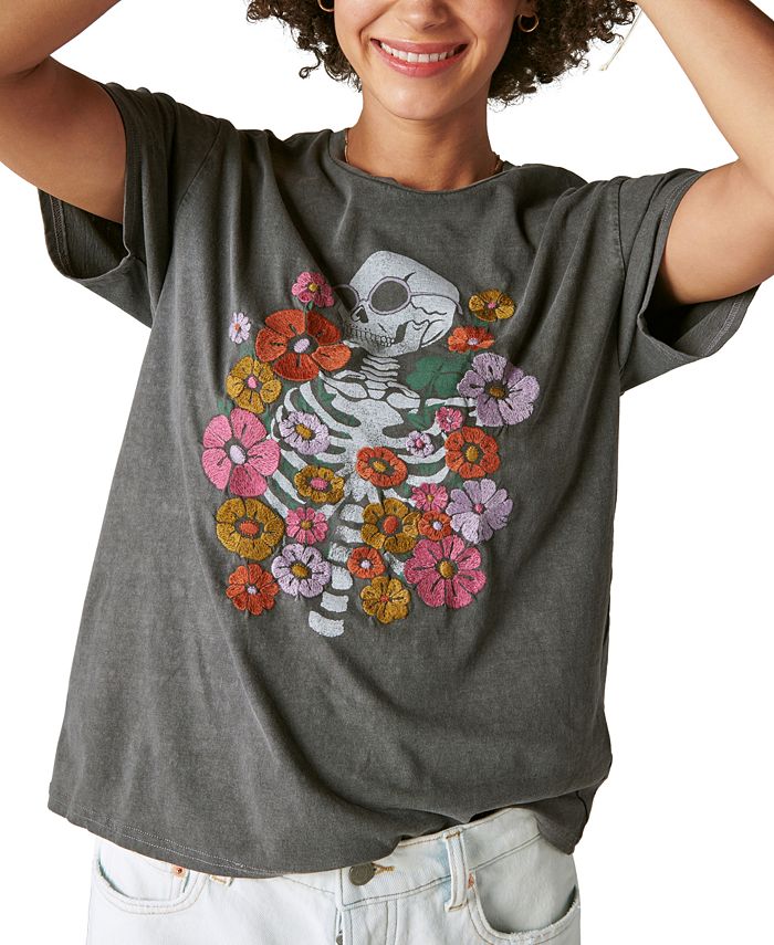 Lucky Brand Women's Cotton Floral-Embroidered T-Shirt - Macy's