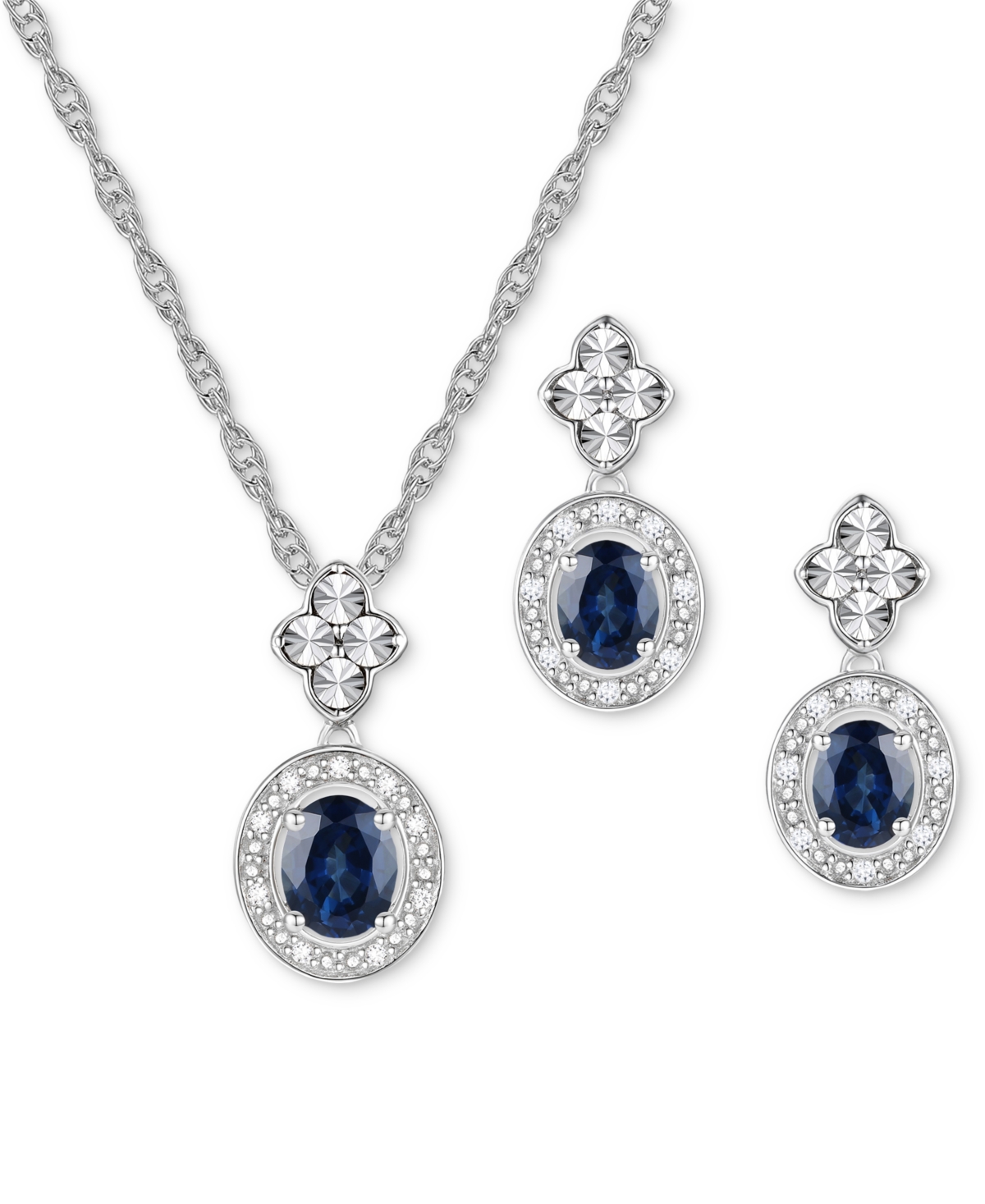 Macy's 2-pc. Set Sapphire (1 Ct. T.w.) & Diamond (1/20 Ct. T.w.) Halo Pendant Necklace & Matching Drop Earr