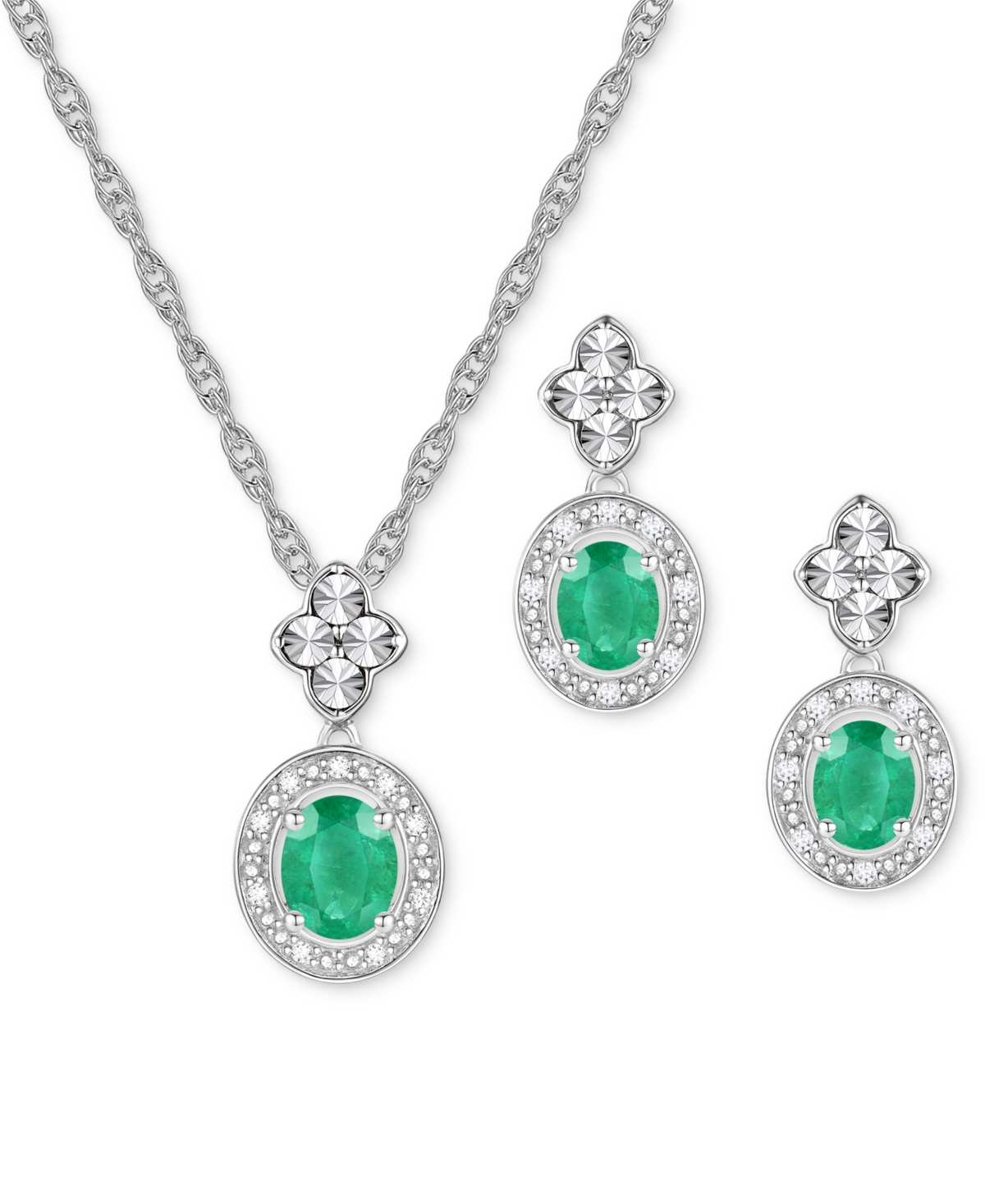 Macy's 2-pc. Set Sapphire (1 Ct. T.w.) & Diamond (1/20 Ct. T.w.) Halo Pendant Necklace & Matching Drop Earr In Emerald